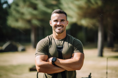 Portrait of a smiling man standing with arms crossed in a parkの素材