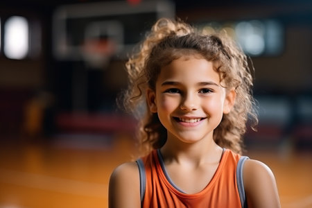 portrait of smiling kid with curly hair looking at camera in gymの素材