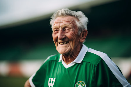 Portrait of happy senior man with gray hair laughing while standing in front of the goalpostの素材