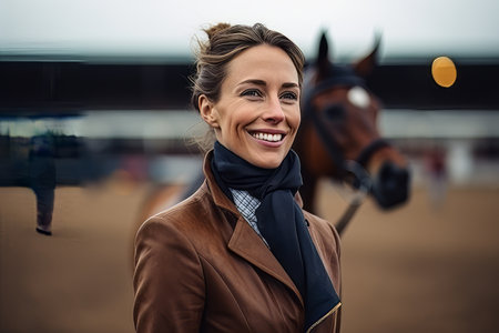 Portrait of smiling woman in coat and scarf looking at camera with horse in backgroundの素材