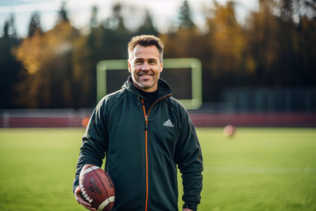 Portrait of a smiling young man with rugby ball on the football fieldの素材