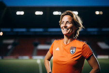 Portrait of female soccer player in orange jersey smiling at camera at stadiumの素材