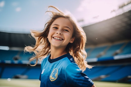 smiling little girl in sportswear looking at camera while standing in stadiumの素材