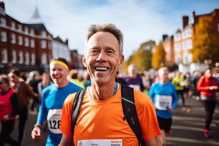 Unidentified people running in London Marathon. London Marathon is an annual event.の素材