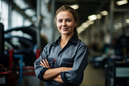 Portrait of confident young female mechanic standing with arms crossed in auto repair shopの素材
