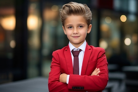 Portrait of a handsome little boy in a red jacket and tie on the streetの素材