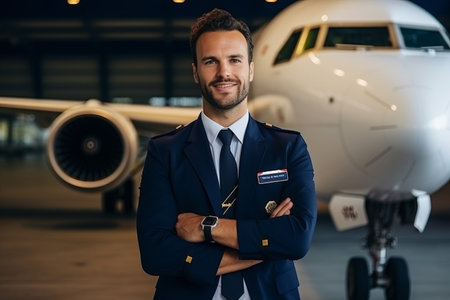 portrait of handsome pilot standing with crossed arms and looking at camera in airportの素材