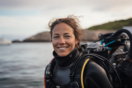 Portrait of a happy female scuba diver standing in front of the cameraの素材