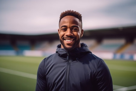 Portrait of happy african american sportsman smiling at camera on stadiumの素材
