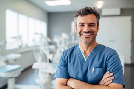 Portrait of smiling male dentist standing with arms crossed in dental clinicの素材