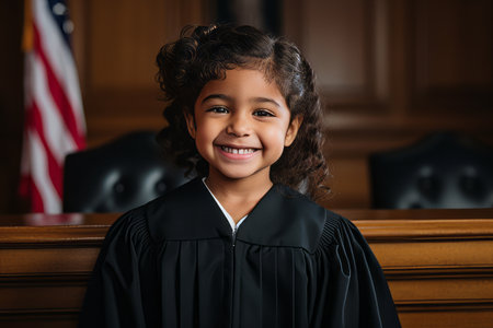 Portrait of smiling little girl in graduation gown looking at camera in courtroomの素材