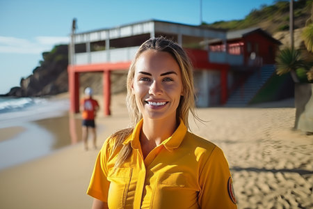 Portrait of a smiling young woman standing at the beach on a sunny dayの素材