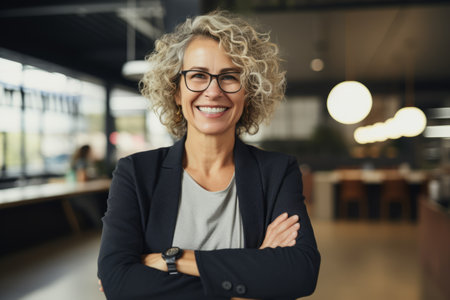 Portrait of smiling businesswoman standing with arms crossed in modern officeの素材