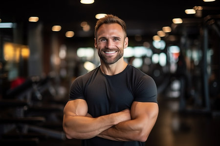 Portrait of smiling young man standing with arms crossed in fitness studioの素材