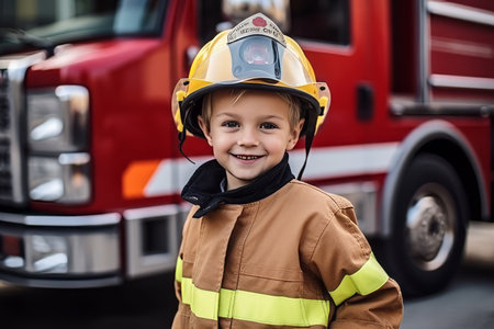 Portrait of smiling firefighter with helmet standing in front of fire truckの素材