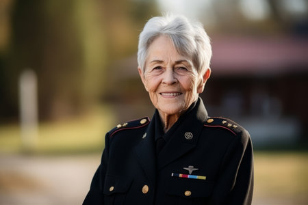 Portrait of senior woman in military uniform smiling at camera in parkの素材