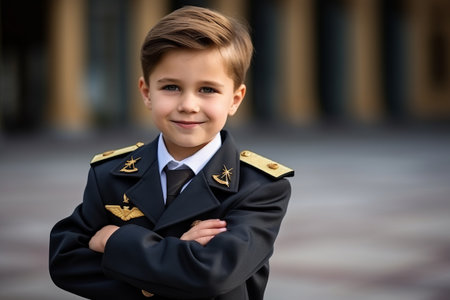 Portrait of a cute little boy in a uniform of the pilotの素材