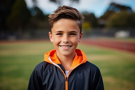 Portrait of smiling boy in sportswear standing on sports fieldの素材