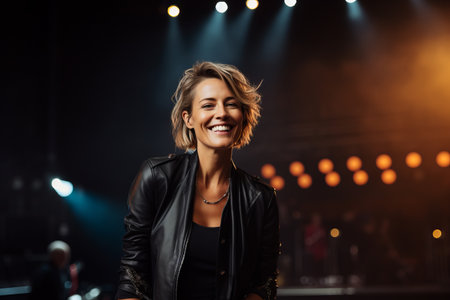 Portrait of a beautiful young woman in leather jacket on stage.の素材