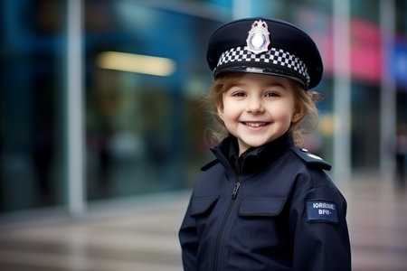 Portrait of a cute little girl in police uniform on the streetの素材