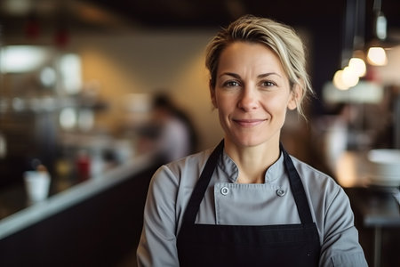 Portrait of smiling female staff standing at counter in cafÃÂ©の素材