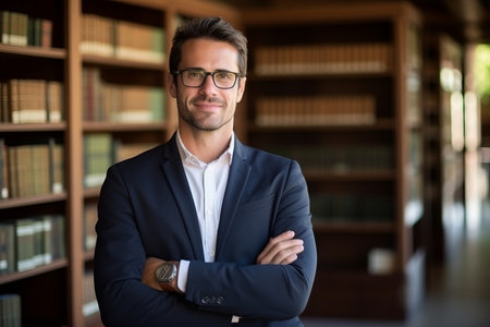 Portrait of confident businessman standing with arms crossed in library at universityの素材