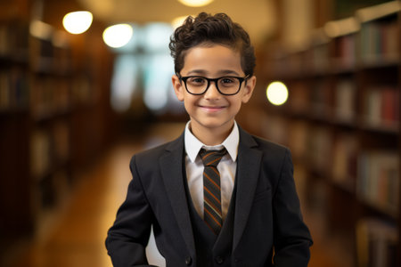 Portrait of a schoolboy wearing glasses in a library at schoolの素材