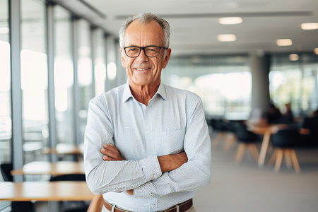 Portrait of confident senior businessman standing with arms crossed in modern officeの素材