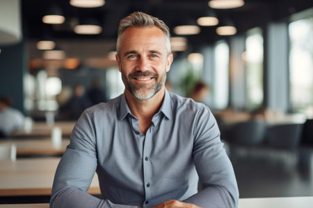 Portrait of smiling mature businessman sitting in office and looking at cameraの素材