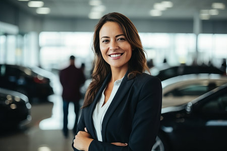 Portrait of happy businesswoman standing with arms crossed in car dealershipの素材