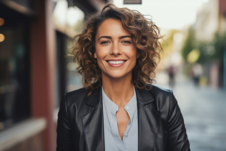 Portrait of a beautiful young woman with curly hair, smiling and looking at camera.の素材