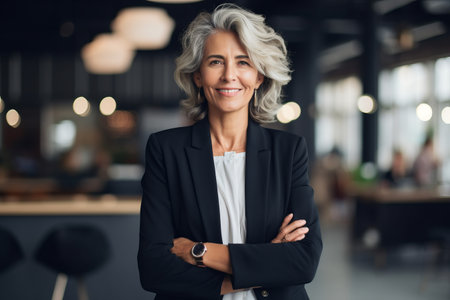 Portrait of smiling mature businesswoman standing with arms crossed in officeの素材