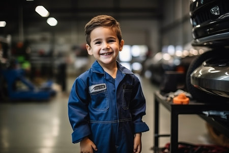 Portrait of a smiling little boy in a car repair shop.の素材