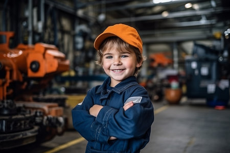 Portrait of a cute little boy in a cap and overalls at the factory.の素材