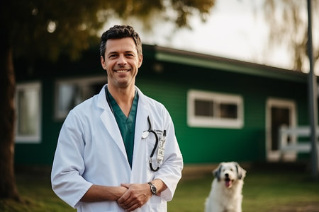 Portrait of a smiling male veterinarian with a dog in the background.の素材
