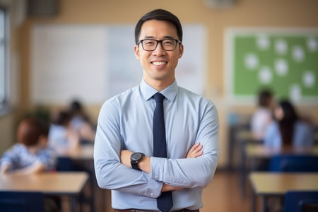 Portrait of confident Asian businessman standing with arms crossed and looking at camera in classroomの素材
