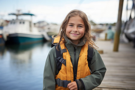 Portrait of smiling little girl standing on pier with fishing boats in backgroundの素材