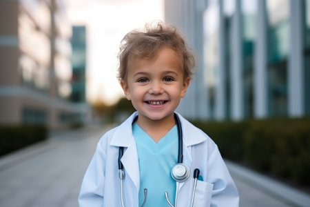 Portrait of a smiling little girl in a doctor's coat.の素材