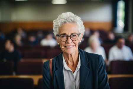 Portrait of smiling senior businesswoman with eyeglasses in conference hallの素材
