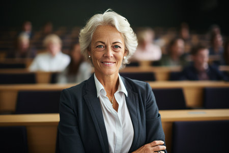 Portrait of senior businesswoman smiling at camera while sitting in conference hallの素材