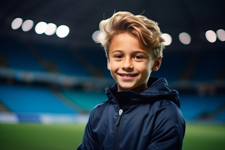 smiling boy in sportswear looking at camera at soccer stadiumの素材