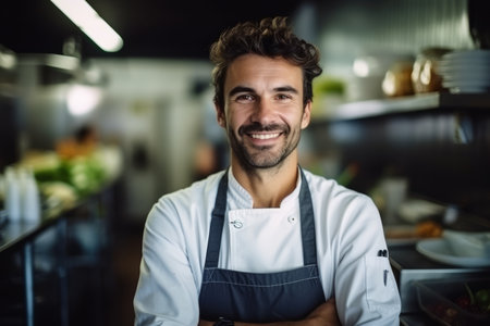 Portrait of smiling male chef standing with arms crossed in commercial kitchenの素材