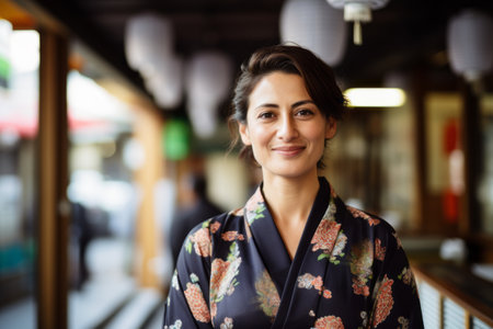 Portrait of a beautiful woman wearing a kimono in Japanの素材