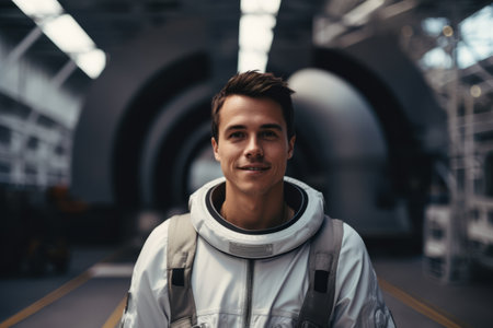 Portrait of a young man in a white jacket and a backpack standing in a subway station.の素材