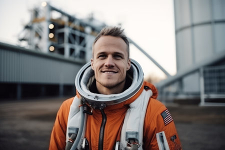 Portrait of a smiling astronaut on the background of the industrial areaの素材