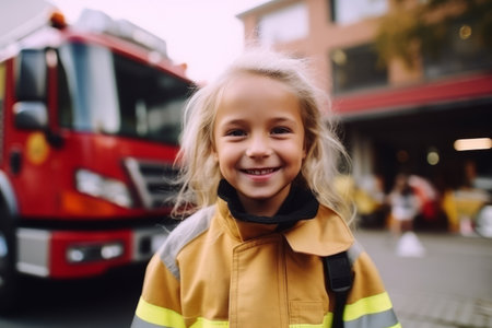 Little girl in a yellow jacket with a backpack on the background of a fire truckの素材