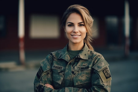 Portrait of a beautiful young woman in a military uniform outdoors.の素材