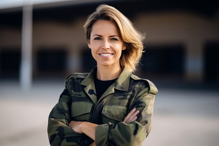 Portrait of smiling female soldier standing with arms crossed in front of buildingの素材