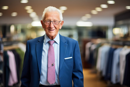 Senior man in suit looking at camera in clothing store. Portrait of senior man in eyeglasses.の素材