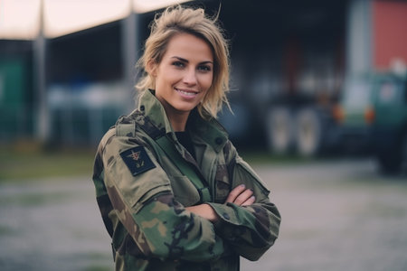 beautiful young woman soldier standing with crossed arms and looking at cameraの素材